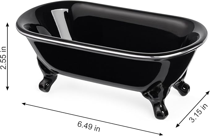 6.5" Ceramic Mini Decorative Clawfoot Bathtub Bar Soap Dish, Kitchen Sponge Holder and Shower Tray for Bathroom, 1 Pack (Black Silver Rim)