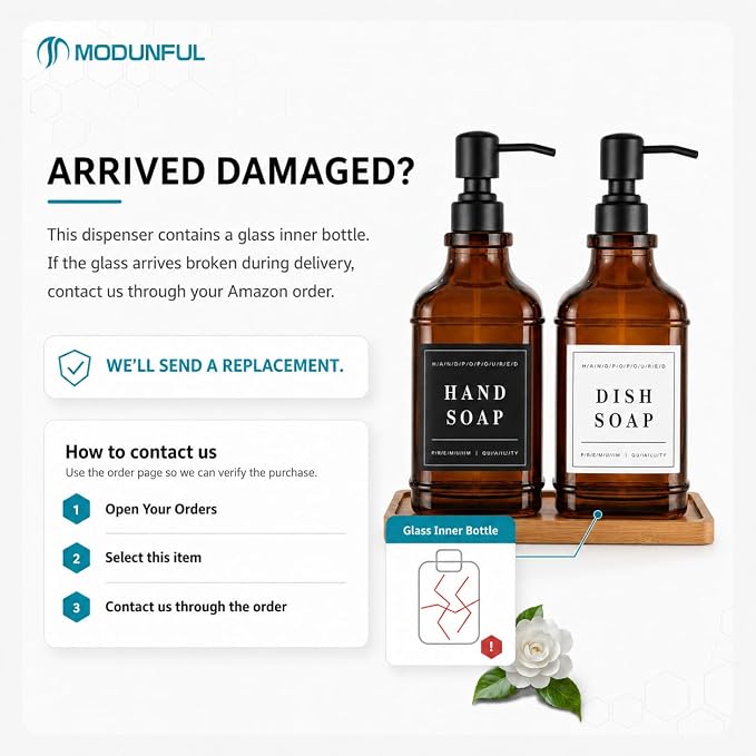Amber Glass Soap Dispesner Set 2 16.9oz Kitchen Sink Luxury Bathroom Decor | Anti-leak Stainless Steel Pump, Bamboo Tray Silicone Funnel, Refillable Bottles with Waterproof Labels Residue Free