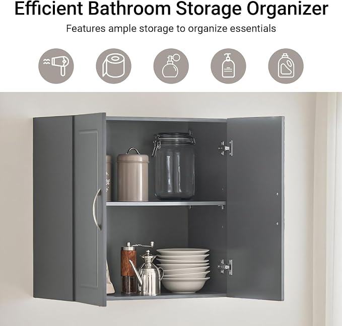 Wall Mount Bathroom & Laundry Storage Cabinet, Wall Size, Grey | Wall-Mounted Storage Cabinet With Door & Adjustable Shelf, Space-Saving MDF Bathroom Organizer, HUS-FRG231