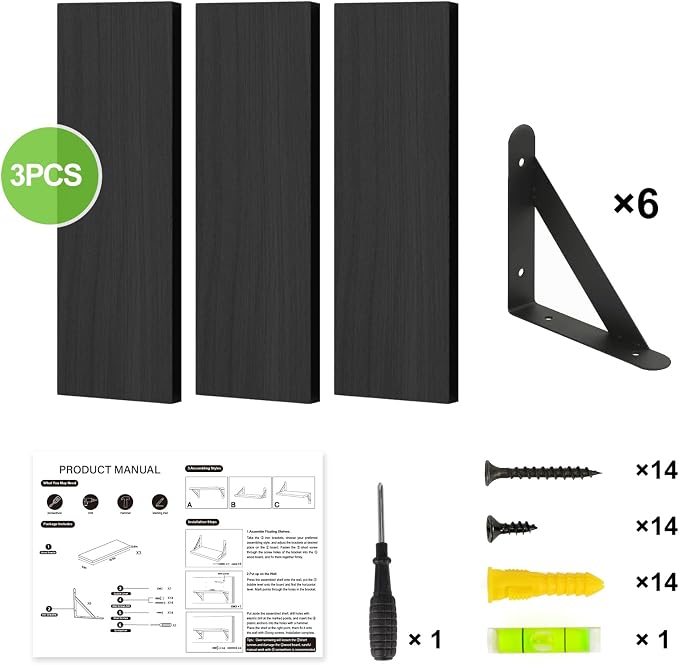 Fixwal Wall Floating Shelves for Home Decor (Black, Set of 3, 16.5 Inch) | Wood Shelves, Natural Grain, 40Lb Capacity, Sturdy Triangle Brackets, Versatile for Any Room
