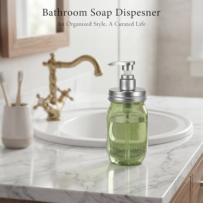 Amolliar Plastic Mason Jar Soap Dispenser with Pump Lid 16OZ - 2Pack Green | Refillable BPA-Free Hand Soap Dispenser Set with Cute Lables, Farmhouse Decor for Kitchen Bathroom Liquid Dish Soap Lotion