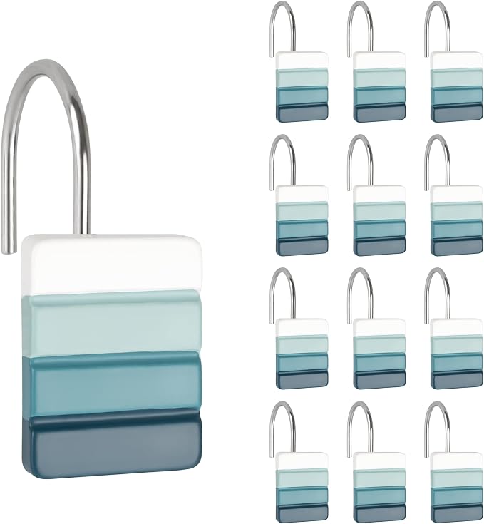 Sunlit Ombre Teal Decorative Shower Curtain Hooks, Teal White Gradient Shower Curtain Rings, Resin, Bathroom Decoration Stripes Shower Curtain Hangers, 12 Pack