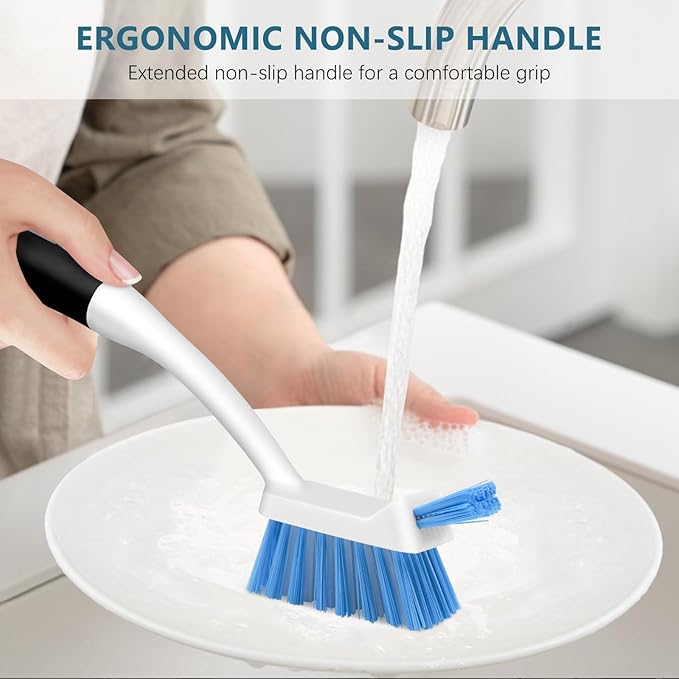 SetSail 3 Pack Dish Brush Set, Long Handle Kitchen Scrub Brush(Black Blue) | Built-in scraper tip, non-slip rubber handle, PET stiff bristles. Hanging loop for storage. for Dishes pots, pans, bottles