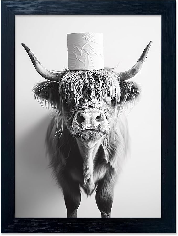 Framed Black and White Bathroom Wall Decor Highland Cow with Toilet Paper on Head Canvas Wall Art Toilet Decor Cow Pictures Wall Decor Animal Bathroom Sign Artworks for Home