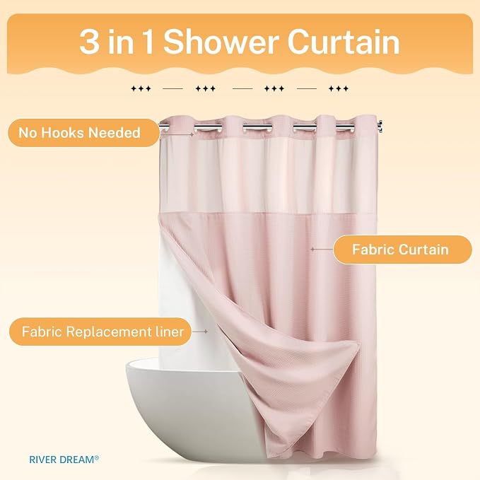 River Dream Waffle No Hook Shower Curtain with Liner,Light Pink,71x74 | Dotted Waffle,Snap-in Liner,Heavy Duty,Quick Dry,Mesh Top Window,With Bottom Magnets,Hotel-Grade,Washable,Standard Size