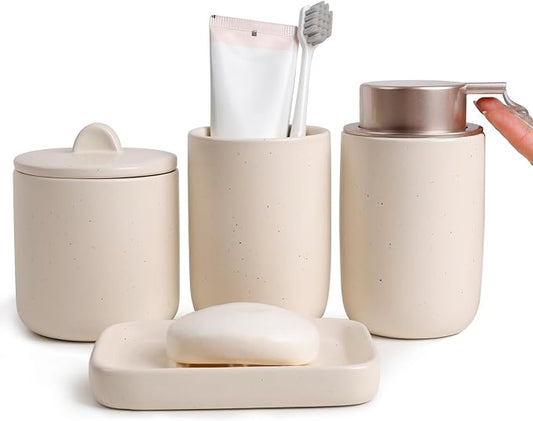 BosilunLife Apricot Ceramic Bathroom Accessories Set of 4 | Bathroom Decor Sets Accessories Bathroom Lotion Soap Dispenser and Toothbrush Holder Set, Soap Dish, Apothecary Jars.(Liquid)