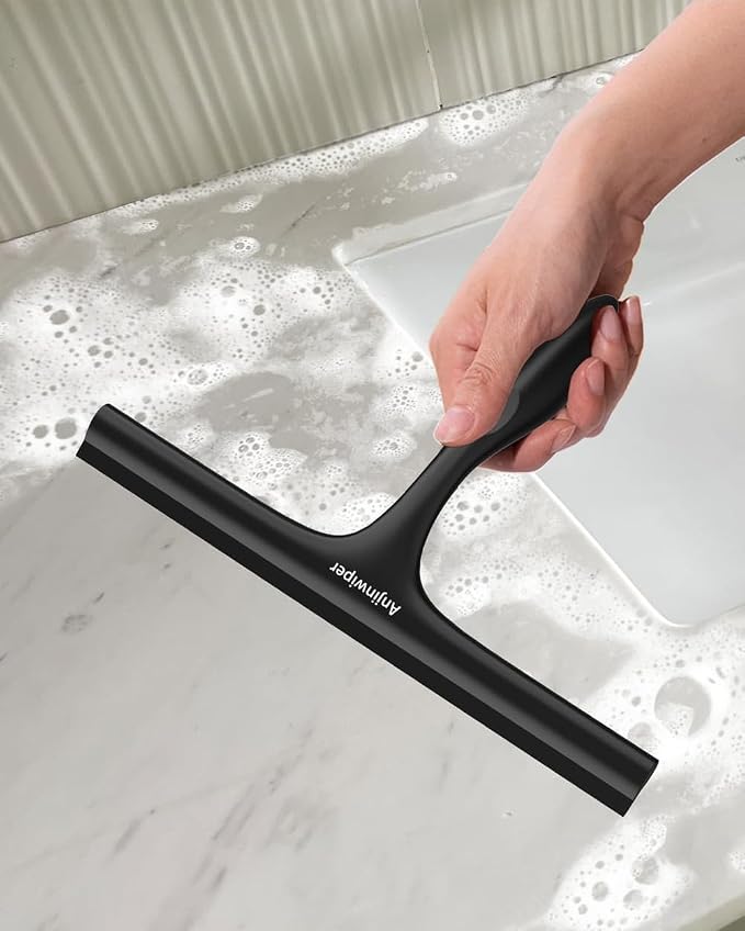 Shower Squeegee for Glass Doors 10 Inch, Black Bathroom Squeegee with Hook | Rust-Proof, Streak Free, All-Purpose Window Squeegee for Shower Glass, Tile Walls, Car, Ergonomic Grip, Silicone Squeegees