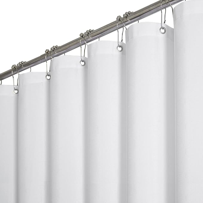 72x90 Linen Textured Waterproof Thick Fabric Shower Curtain Set, White | Long Size, 230GSM Polyester, Heavy Duty Cloth, Weighted Hem, 12 Plastic Hooks, Modern Luxury Hotel Style, Machine Washable
