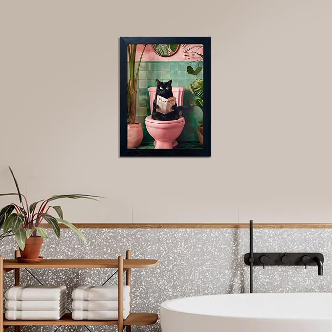 Black Cat Bathroom Wall Art Pink Toilet Decor Funny Canvas Print Artwork for Woman Girls Bathroom