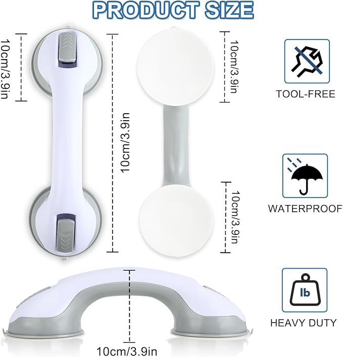 Grab Bars for Shower, 12 Inch Shower Handle for Seniors, 2 Pack Gray White | Strong Suction Cup, for Elderly, Handicap, Bathroom Wall, No Drill, Waterproof, Anti-Slip, Removable