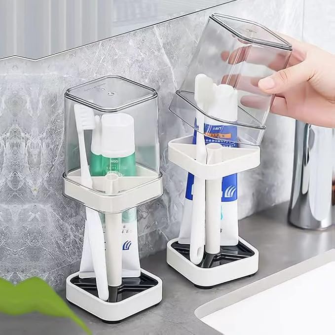 Toothbrush Holder with Cup/Cover Contains 3 Slots, Compatible with Conventional Toothbrushes, Can Store Toothpaste (Rectangle)