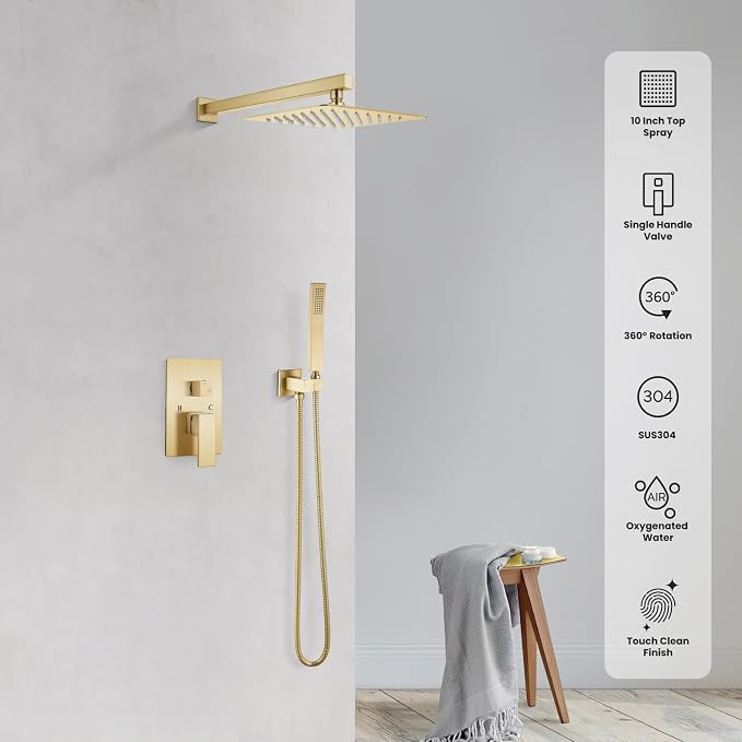 gotonovo Shower Faucet Set with Handheld Spray Brushed Gold,10'' Head | SUS304 Rainfall Shower Head and Handle Set System Fixture,Pressure Balance Valve Trim Kit,Single Handle,Wall Mount,All Metal