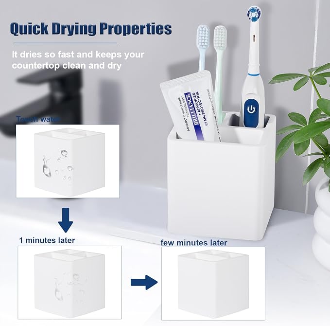 Diatomite Toothbrush Holders Tooth Brush Organizer - White | Water-Absorbent Material, 3 Slots for Electric Toothbrush and Toothpaste, for Bathroom Countertop, Shower, Vanity