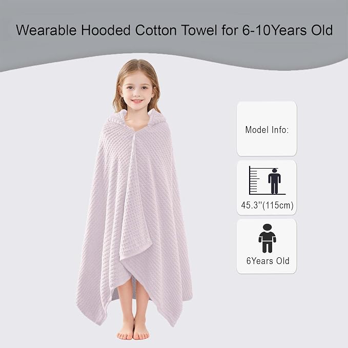 VOOVA & MOVAS Kids Hooded Bath Towel, 6-10 Years, 100% Cotton,Purple Waffle | Smooth Solid Waffle Fabric, Thick Fluffy Feel, Perfect for Daily Bath and Swimming
