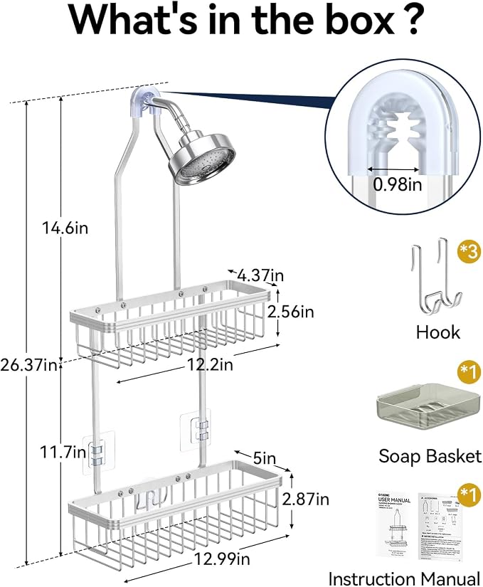 Never Rust Shower Caddy Hanging, Aluminum Shower Racks for Inside Shower, 2-Tier Shower Organizer Hanging Over Shower Head with Hooks and Soap Holder, Silver