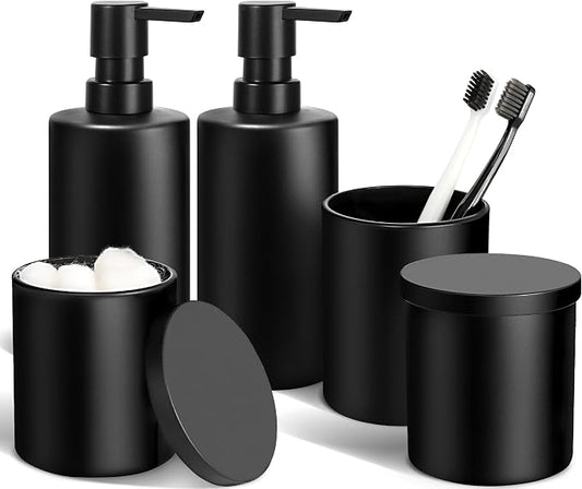 Matte Black Bathroom Accessories Set, 5 Pcs Bathroom Accessories Set, Glass Soap Dispenser and Toothbrush Holder Set, Qtip Holder and Cotton Ball Holder, Modern Bathroom Decor Sets