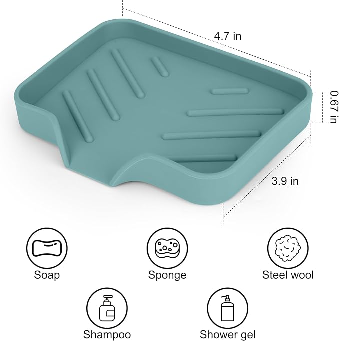 2 Pack Silicone Soap Dish for Shower with Self Draining Gray & Teal | Soap Holder for Bathroom, Silicone Sponge Holder for Kitchen Sink, Soap Tray for Dispenser, Scrubber, Bottle, 4.7"×3.9"