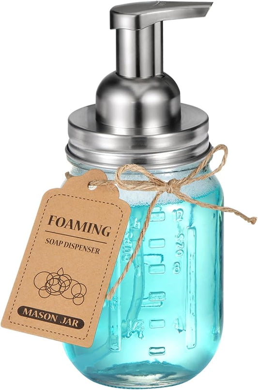 Amolliar Mason Jar Foaming Soap Dispenser, Foam Dispenser, Brushed Nickel | Rustproof Stainless Steel Lid Plastic Soap Pump, Rustic Farmhouse Decor, 16OZ Refill Hand Soap Dispenser for Bathroom Kitchen