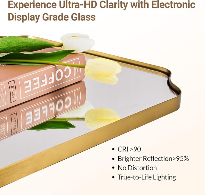 24"x48" Large Bathroom Mirror, Brushed Gold Rectangle Mirror, Scalloped Mirror for Bathroom in Anti-Rust Stainless Steel Metal Frame 1" Deep, Hangs Vertically/Horizontally