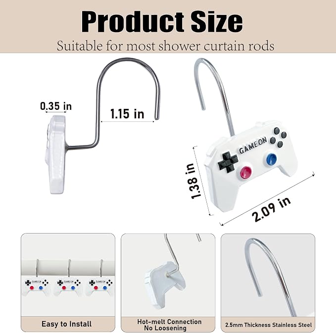 12 Pcs Game Theme Shower Curtain Hooks for Gamers Bathroom Decor White | Video Game Controller White Curtain Hooks Boys Gaming Bathroom Kids Bedroom Playroom Console Resin and Stainless Steel Hook