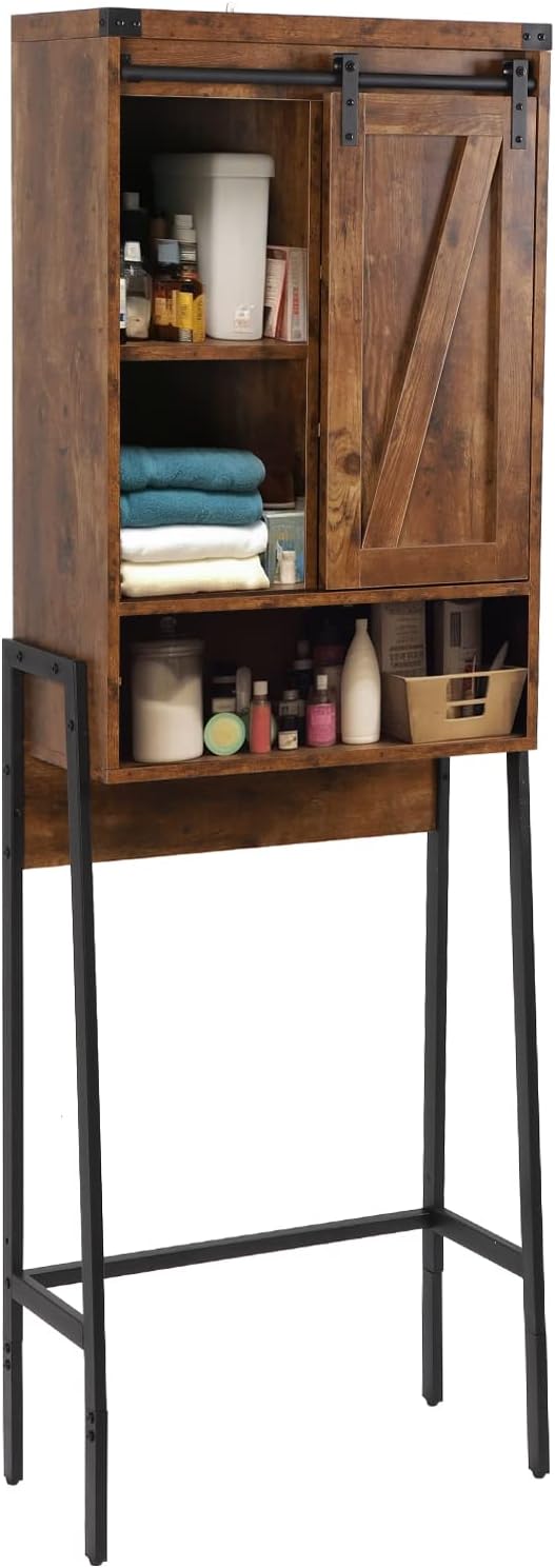 Over Toilet Storage Cabinet with Barn Door & Adjustable Shelves | 24 Inch Wide Bathroom Organizer, Space-Saving, Sturdy Wood, Anti-Tipping, Easy Assembly, for Restroom, Laundry, Small Spaces