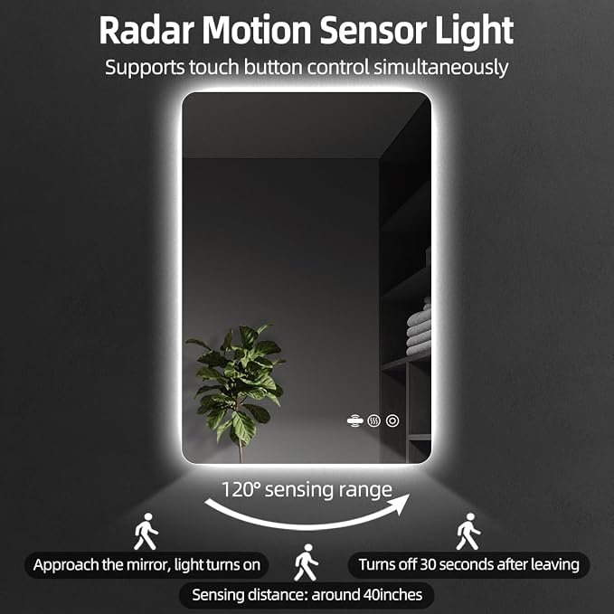 28" x 36" LED Bathroom Mirror with Lights - Motion Sensor | Smart Backlit Mirror Bathroom, Frameless, Auto Sensor, Anti-Fog, Stepless Dimmable 3-Color, Ultra-Clear & Shatter-Proof