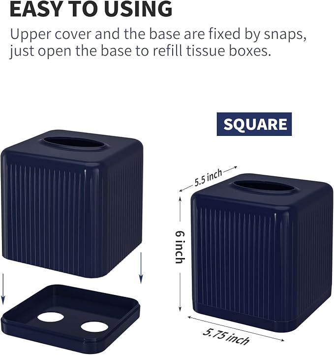 Livelab Tissue Box Cover with Base, Square Plastic Tissue Box Holder Decorative Tissue Box Case Modern Facial Paper Dispenser for Bathroom, Vanity Countertops, Night Stands, Desk - Navy Blue