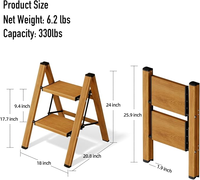 Mayi Plus 2 Step Stool Foldable, Aluminum, Lightweight Step Ladder | Extra-wide anti-slip folding steps with 330 lbs, for home,kitchen,office,outdoor,Woodgrain