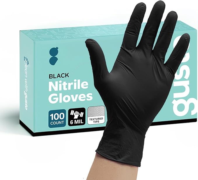 GUSTO Black Nitrile Gloves - Disposable Heavy Duty 6 Mil | Latex-Free, Powder-Free, Textured Fingertips, Food Safe, Flexible Fit, Cooking, Cleaning, Mechanics & Salon