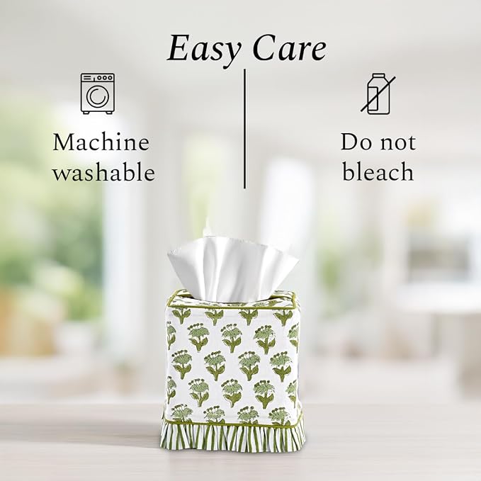 CPC Emerald Green Hand Block Print Cotton Ruffle Tissue Box Cover 4.5"x4.5"x5"Inch, Square Decorative Tissue Holder Cover for Bathroom, Living Room, Bedroom, Home Décor, Vanity, Car Gift for Summer
