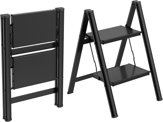 HBTower 2 Step Ladder, Lightweight Aluminum Folding Step Stool | Anti-Slip Wide Pedal, 330lbs Capacity Step Ladder for Household Kitchen Office, Black