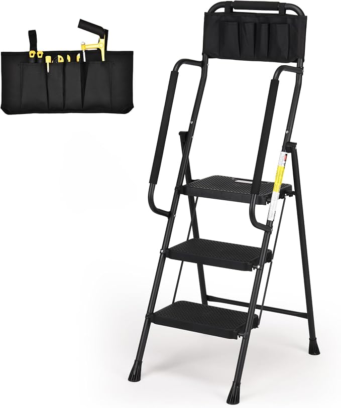 HBTower Step Ladder with Handrails, 3 Step Ladder with Attachable Tool Bag | Anti-Slip Wide Pedal for Home Kitchen Pantry Office, Black