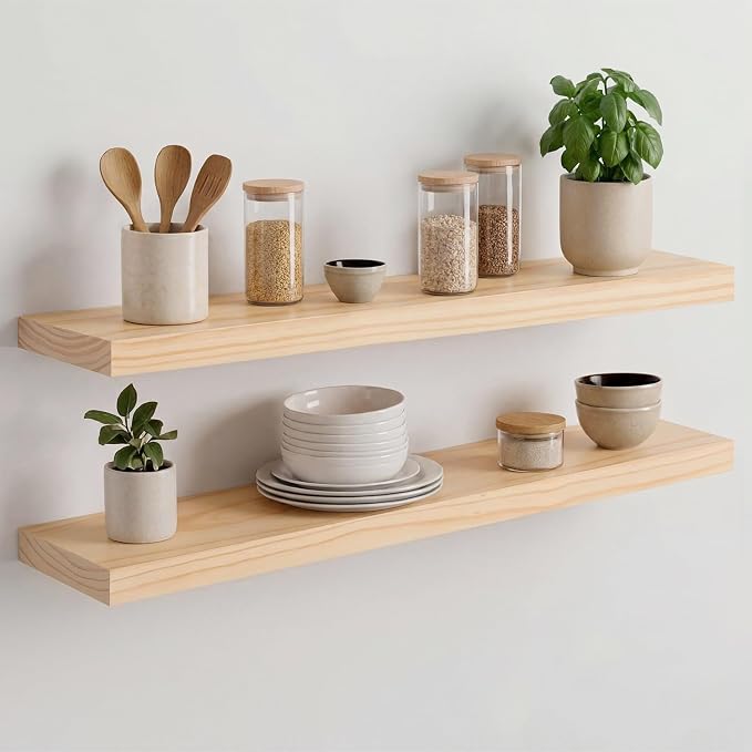 30 inch Natural Floating Shelf, High End Solid Real Wood 30inch Small Floating Shelves for Wall Mounted, Natural Wooden Floating Shelves, Heavy Duty Bracket, 30 X 6.5 X 1.75 in, Set of 3