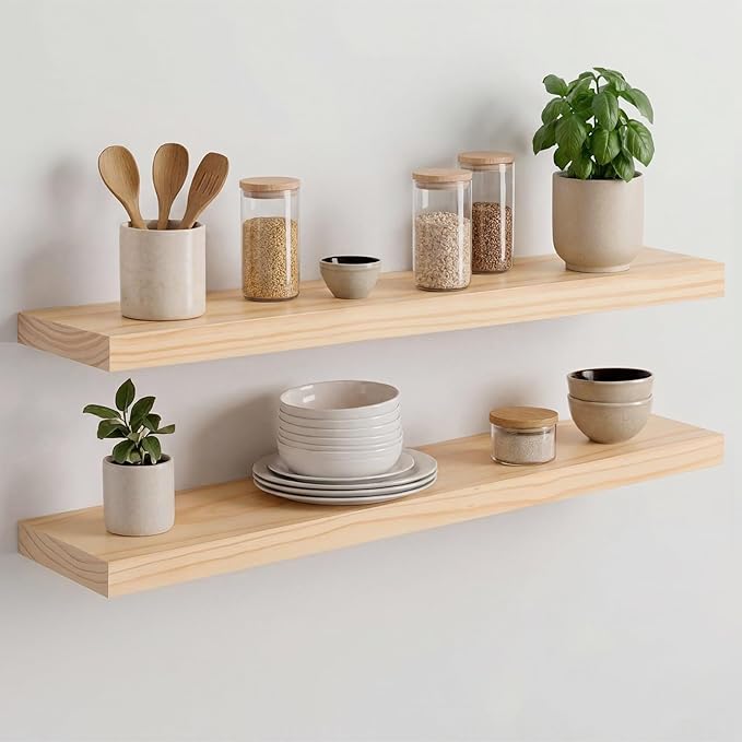 30 inch Natural Floating Shelf, High End Solid Real Wood 30inch Small Floating Shelves for Wall Mounted, Natural Wooden Floating Shelves, Heavy Duty Bracket, 30 X 6.5 X 1.75 in, Set of 4