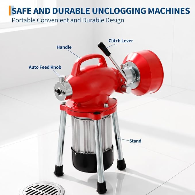 500W 400 RPM Auto Feed Electric Drain Cleaner Machine (66FT x 5/8" + 16FT x 3/8", Red) | Portable Drain Cleaning Auger Sewer Snake with 66 ft x 5/8" & 16 ft x 3/5" Steel Cables & 6 Cutters, for 1.6"-4" Pipes