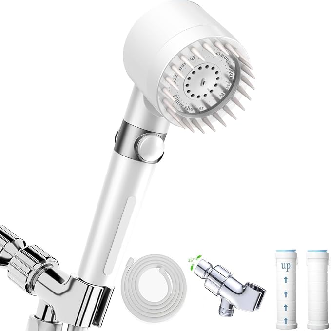 High Pressure Handheld Shower Head High Pressure Shower Heads- High Flow Even with Low Water Pressure - Hand Held Showerhead Set with 59″Replacement Hose/Bracket and Cotton Filters (true white)