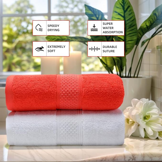 Cotton Bath Towels Set, 2-Piece Set(27x55 Inches) Super Absorbent Quick Drying, Soft,Suitable for Bathroom, spas, Gyms,Gift(White,Watermelon Red)