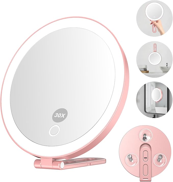 Mocado 30x Magnifying Mirror with Light, 6" Magnifying Mirror Suction Cup | 3 Colors Light, Dimmable Touch, 0-100% Brightness Adjustable, Stable Stand, 2000mAh Rechargeable, Handheld Mirror,(Rose Gold)