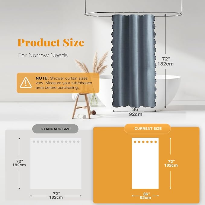 Stall Boho Scalloped Linen Textured Shower Curtain, 36x72, Blue Grey | Half Size, 230GSM Waterproof Polyester, Heavy Duty Fabric, 6 Plastic Hooks, Elegant Modern Farmhouse Style, Machine Washable