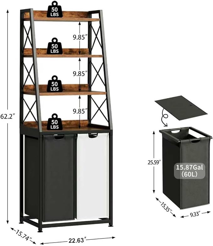 Herture Laundry Basket, 2 Section Laundry Hamper with 4 Tiers Shelf, Pull-Out and Removable Laundry Bags, Large 2 x 15.87 Gallons, for Bedroom Bathroom Rustic Brown PF11XLN