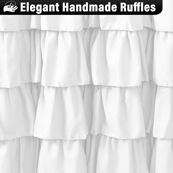 Seasonwood White Ruffle Shower Curtain Farmhouse Shower Curtain 72 X 72 | Natural button accents, layered fabric tiers, shabby chic and French country styling for decorative bathroom updates