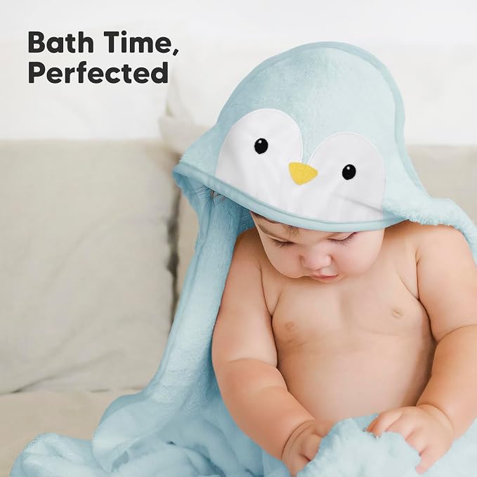 KeaBabies Hooded Baby Towel for Newborn, Baby Bath Towels (Penguin, 35x35) | Viscose Derived from Bamboo, Large Baby Towels with Hood, Boys, Girls, Toddler, Soft Absorbent Baby Bath Essentials