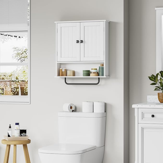 RRX Bathroom Cabinet Wall Mounted Medicine Cabinets with Towels Bar (White) | Over The Toilet Storage Cabinet with 2 Doors and Adjustable Shelf, White Wall Cabinet for Bathroom Laundry Kitchen