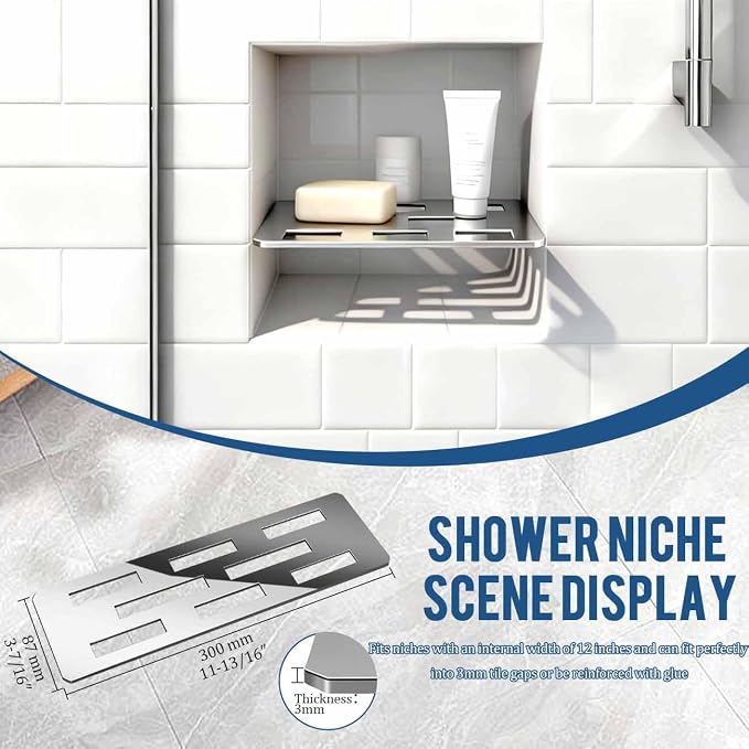 12 Inch Shower Niche Shelf Mirror Effect 316 Stainless Steel Tile Insert | Rectangular Shelf For 12 Inch Tile Prefabricated Niches, Fits 1/8 Inch Grout Lines, Shower Niche Insert Mirror Effect 316 SS