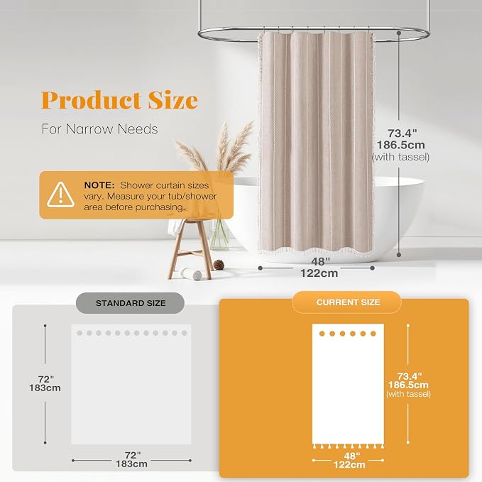 48 x 72 Boho Linen Heavy Duty Cloth Shower Curtain Set, Tan/Taupe | Stall Size, 330GSM Linen Blend, Water Repellent, Vintage Striped Fabric, 8 Plastic Hooks, Rustic Country, Machine Washable