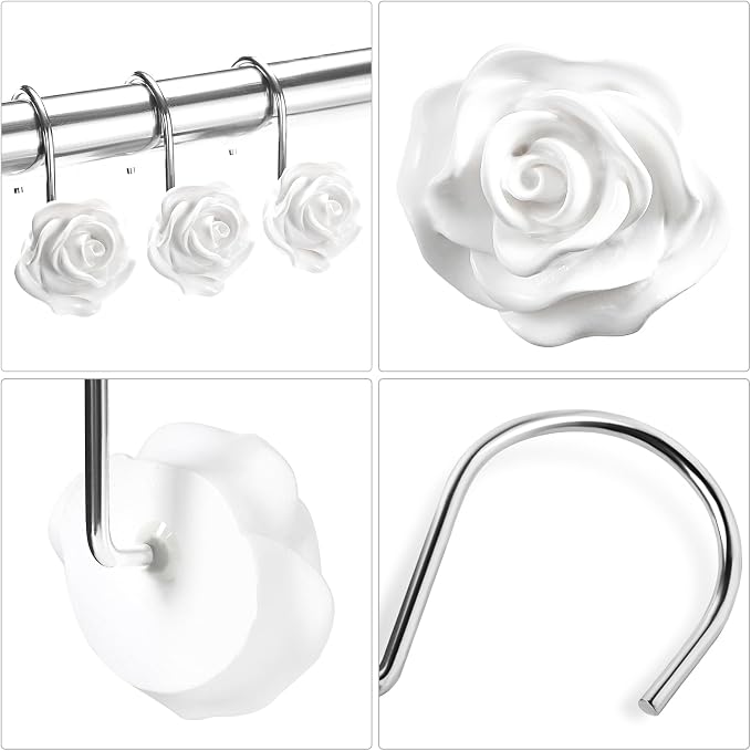 Cute Rose Floral Shower Curtain Hooks Rings for Bathroom,White 12PCS | Metal Rustproof Curtain Hooks Shower Rings,Girls Decorative Flower Bathroom Decor,for Bathroom Shower Rods