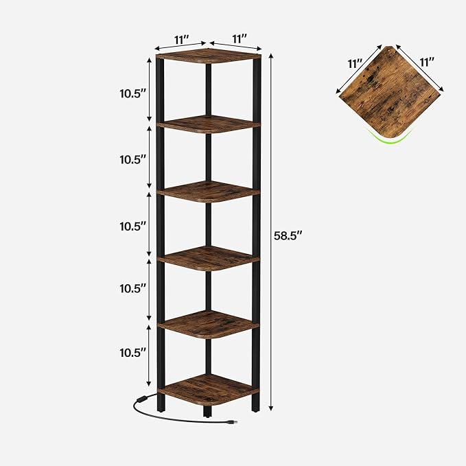 TUTOTAK Corner Shelf with LED Light, 6-Tier Corner Bookshelf | for Small Space, Narrow Display Corner Shelf Stand with Storage Rack, for Living Room, Bedroom, Rustic Brown BS08BB006L