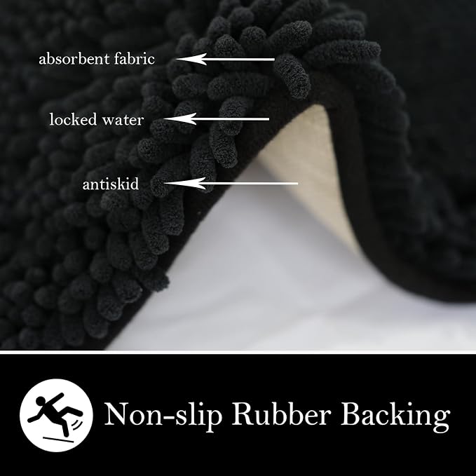 Bathroom Rugs Chenille Bath mat 2 Piece Set, Super Absorbent, Strong PVC Non Slip Backing, Bath mats for Bathroom, Plush Shaggy, Thick, Machine Washable, Bathtub, Shower, Toilet.(Black)