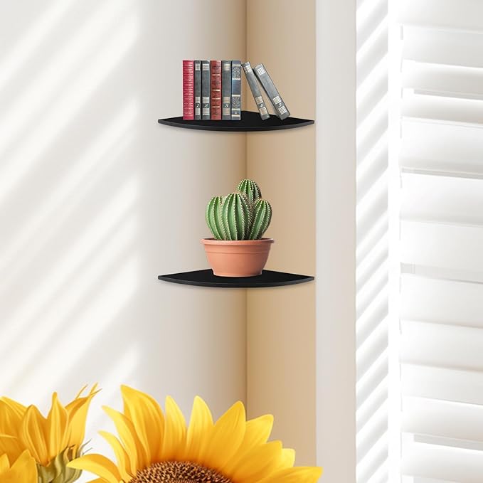 JJL Corner Shelf Wall Mounted, 12 Inch Wood Floating Corner Shelves with Wire Hole, Set of 4 Circular arc Corner Shelf for Bedroom Corner Decoration, Black