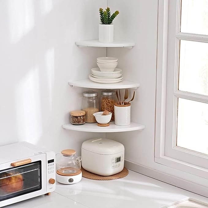 Corner Shelves, Floating Corner Shelf, Set of 2 Solid Oak Wood Wall Shelves, Round End Wall Mount with Wire Hole Shelving for Small Plant for Bedroom Kitchen, Living Room White